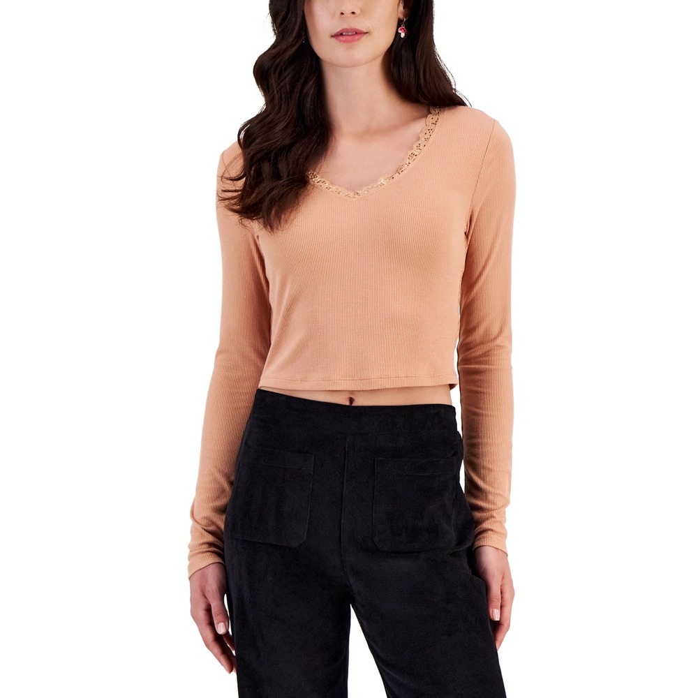 Self E Juniors Lace-Trimmed V-Neck Ribbed Top Cork Size  XL‎